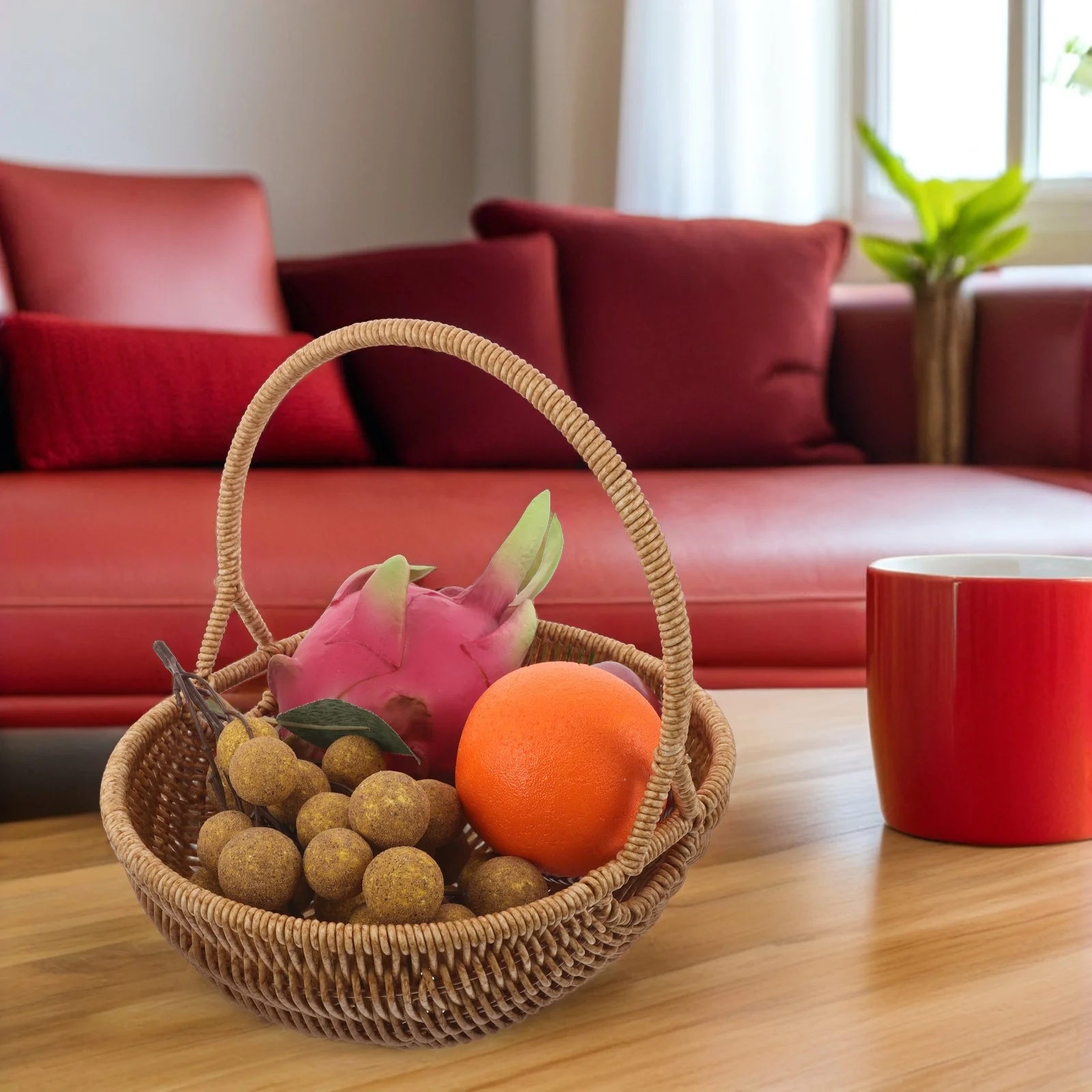 

Imitation Rattan Basket Light Brown Hand Woven Storage Fruit Container For Picnic Flower Gathering