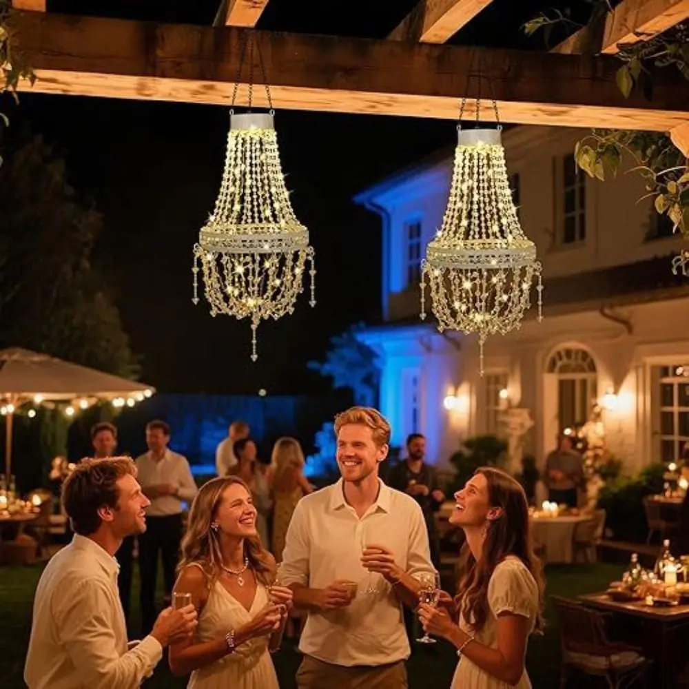 Waterproof Solar Hanging Lantern Crystal Acrylic Cool White Outdoor Pendant Light Modern Design Simulated Bead Accents