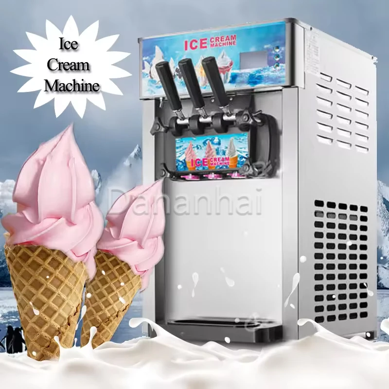 Commercial 3-Flavor Soft Serve Ice Cream Maker 1200W High Power for Snack Shop Ice Cream Cone Machine