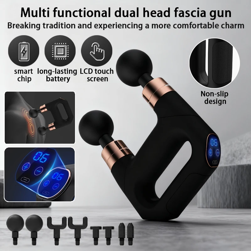 

Multi functional household dual head mini fascia gun USB charging LCD electric deep muscle relaxation portable fitness massager