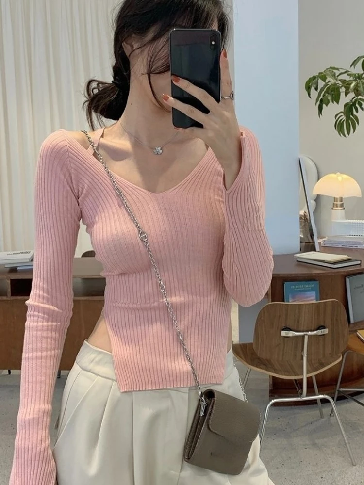 Sweet Sweater Women V-neck Long Sleeve Pull Femme 2024 Ropa Mujer Fashion Sueter Knitting Korean Cropped Pullovers Tops