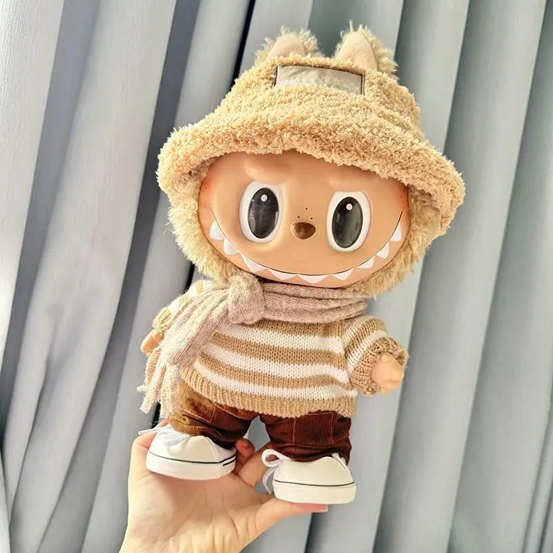 For 38cm Labubu doll clothes for vinyl doll coffee white striped sweater set Accessories Cute Decoration