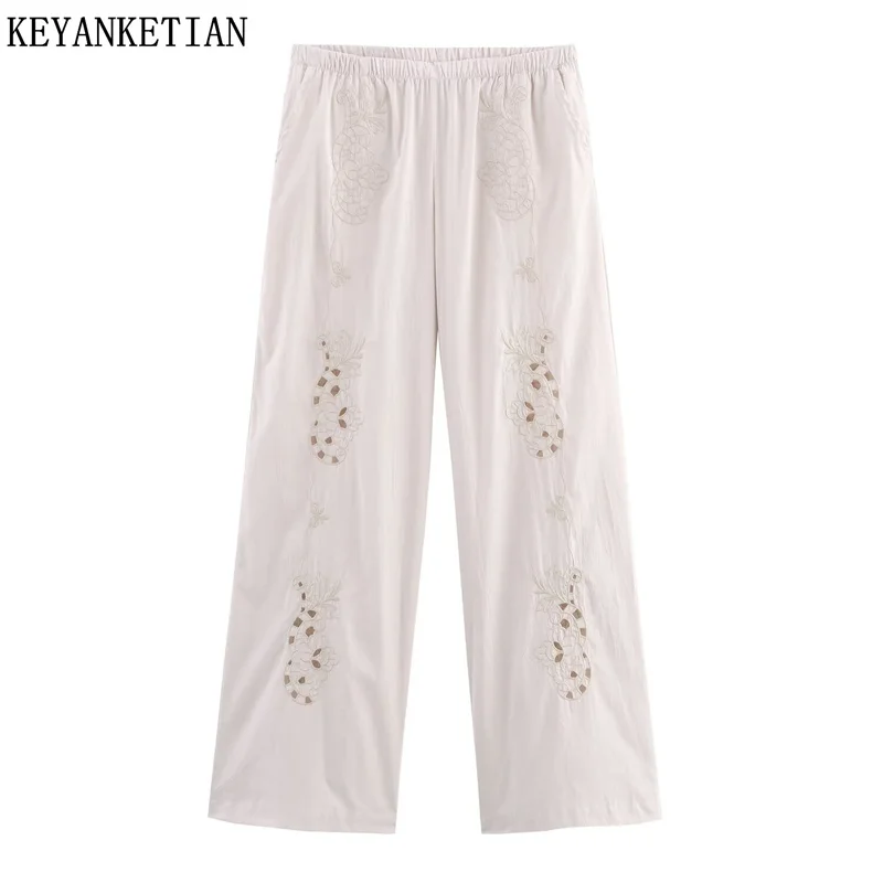 KEYANKETIAN Spring/Autumn New Women's Hollow out Flower Embroidery Decoration Straight Pants Pajama style Elastic Waist Trousers