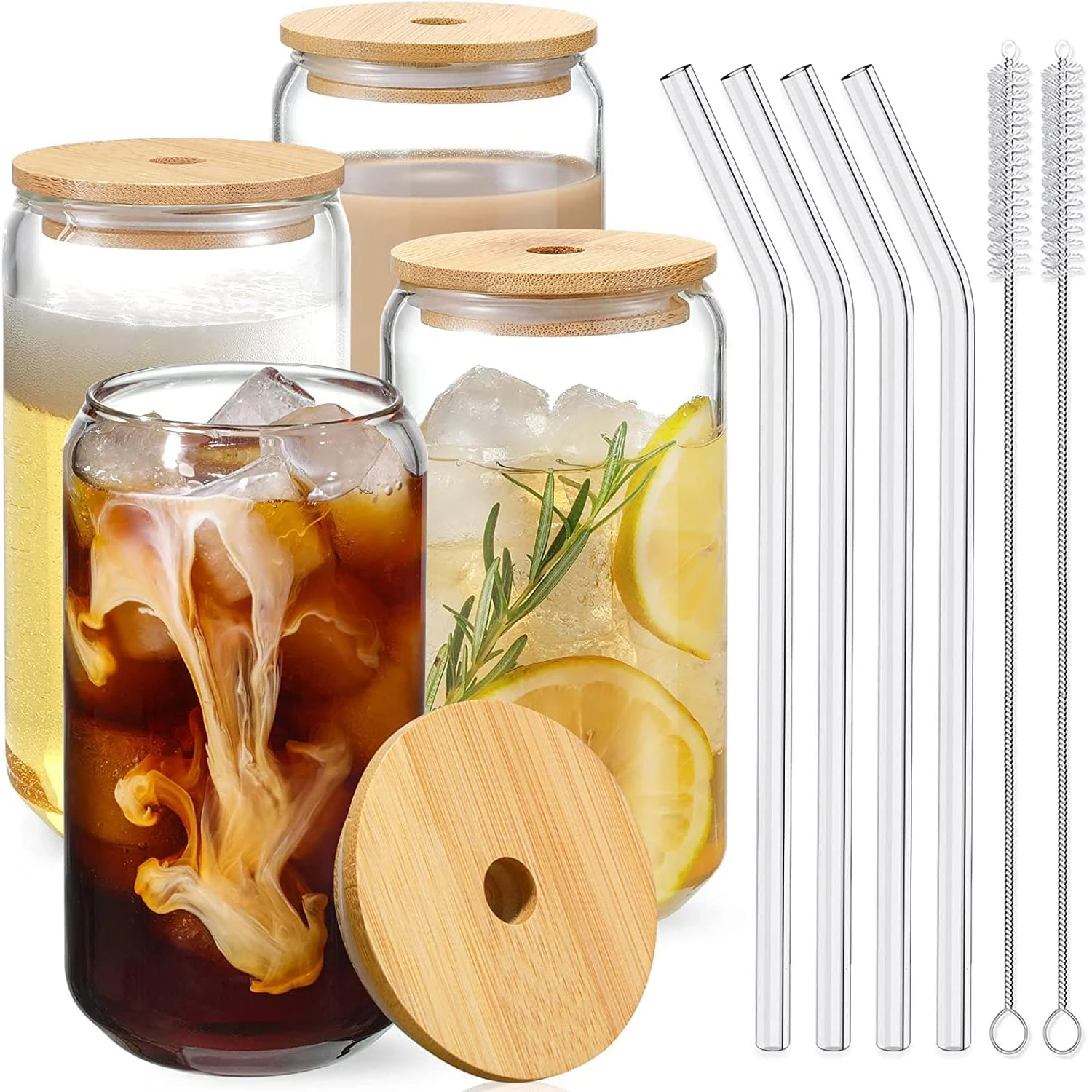 

4 Pack 16 oz Drinking Glass Cups with Bamboo Lids and Glass Straws, Can Shaped Glasses, Beer Glasses, Iced Coffee Glasses