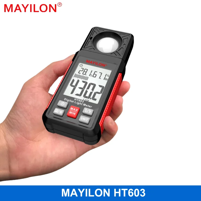 

MAYILON HT603 Digital Light Meter Illuminance Meter Lumeter 3 in 1 Thermometer Hygrometer Illuminometer 100000 Lux 10000FC