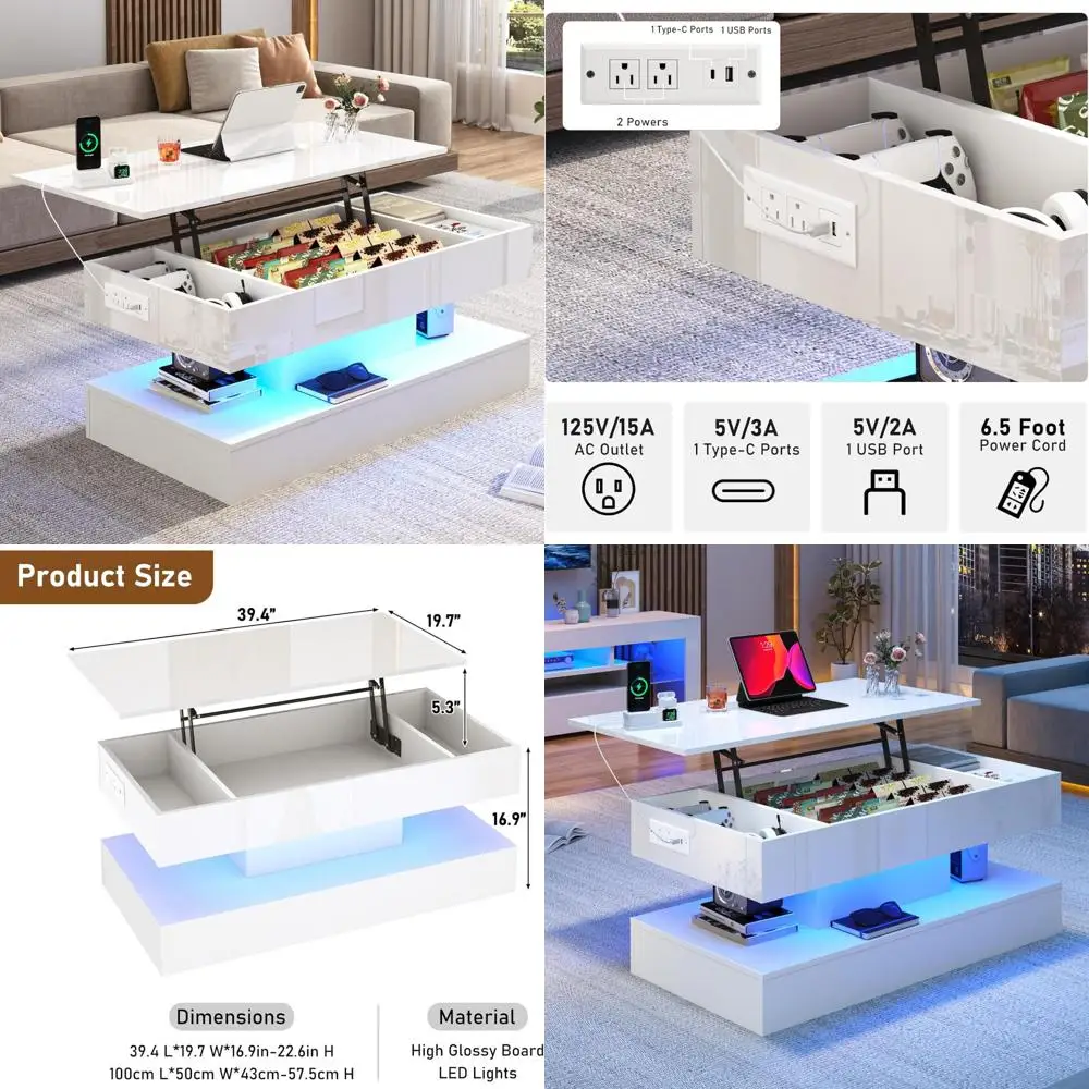 

39.4 Large Lift Top Coffee Table,Modern High Glossy LED Coffee Tables for Living Room with Storage,Black Living Room Tables for