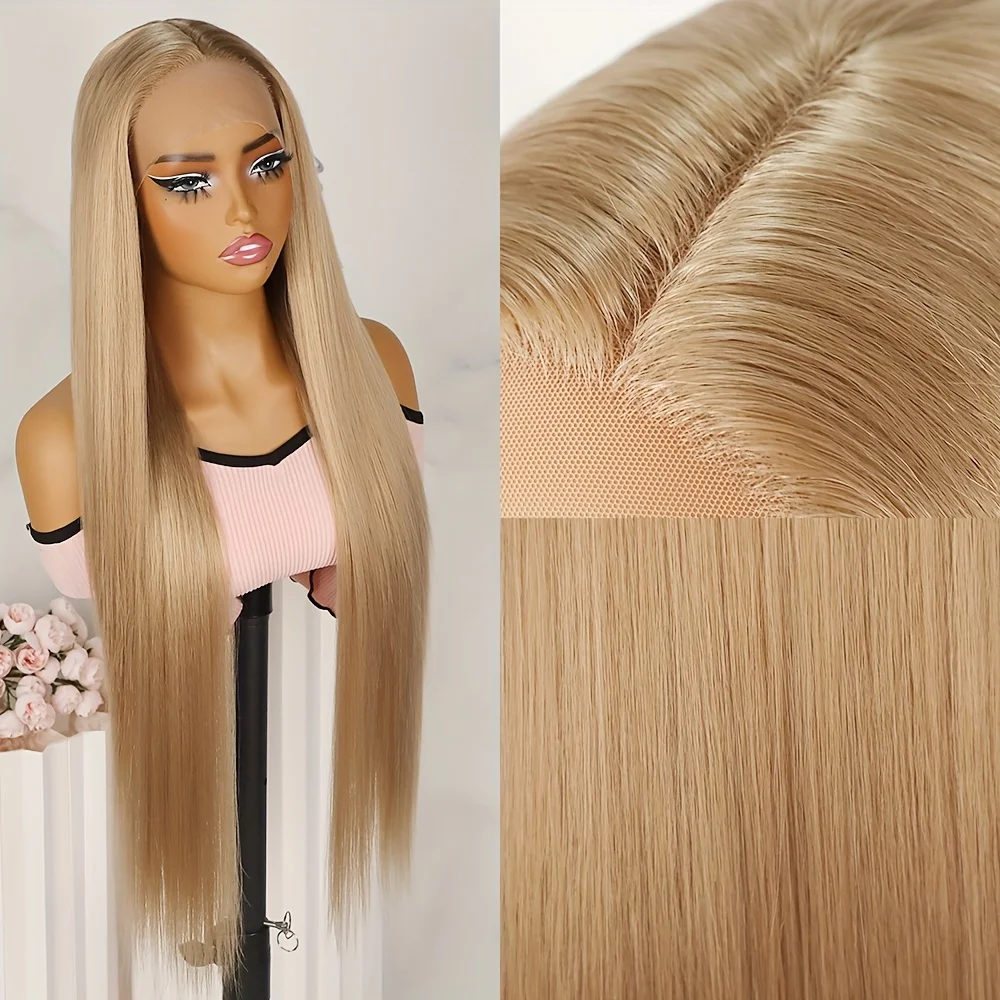 Ash Blonde Synthetic Hair Pre Plucked 32 Inches Long Straight Hair Frontal Lace Replacement Wigs Middle Part Glueless for Women