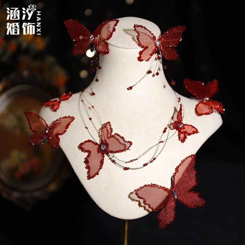 バーガンディ-バタフライ-シェイプ-ブライダル-ティアラ-ネックレスとイヤリング-ウェディング-セット