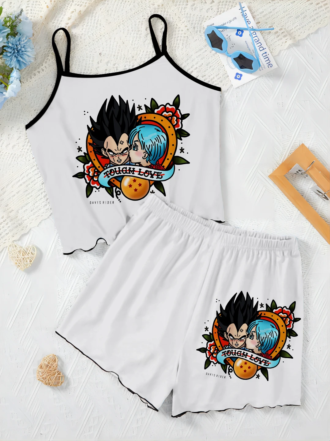 Women's Suit Dragon Ball Lettuce Trim T-shirt Short Sets Son Goku Home Dress Pajama Skirt Top Pieces Elegant Clothing Trend 2024