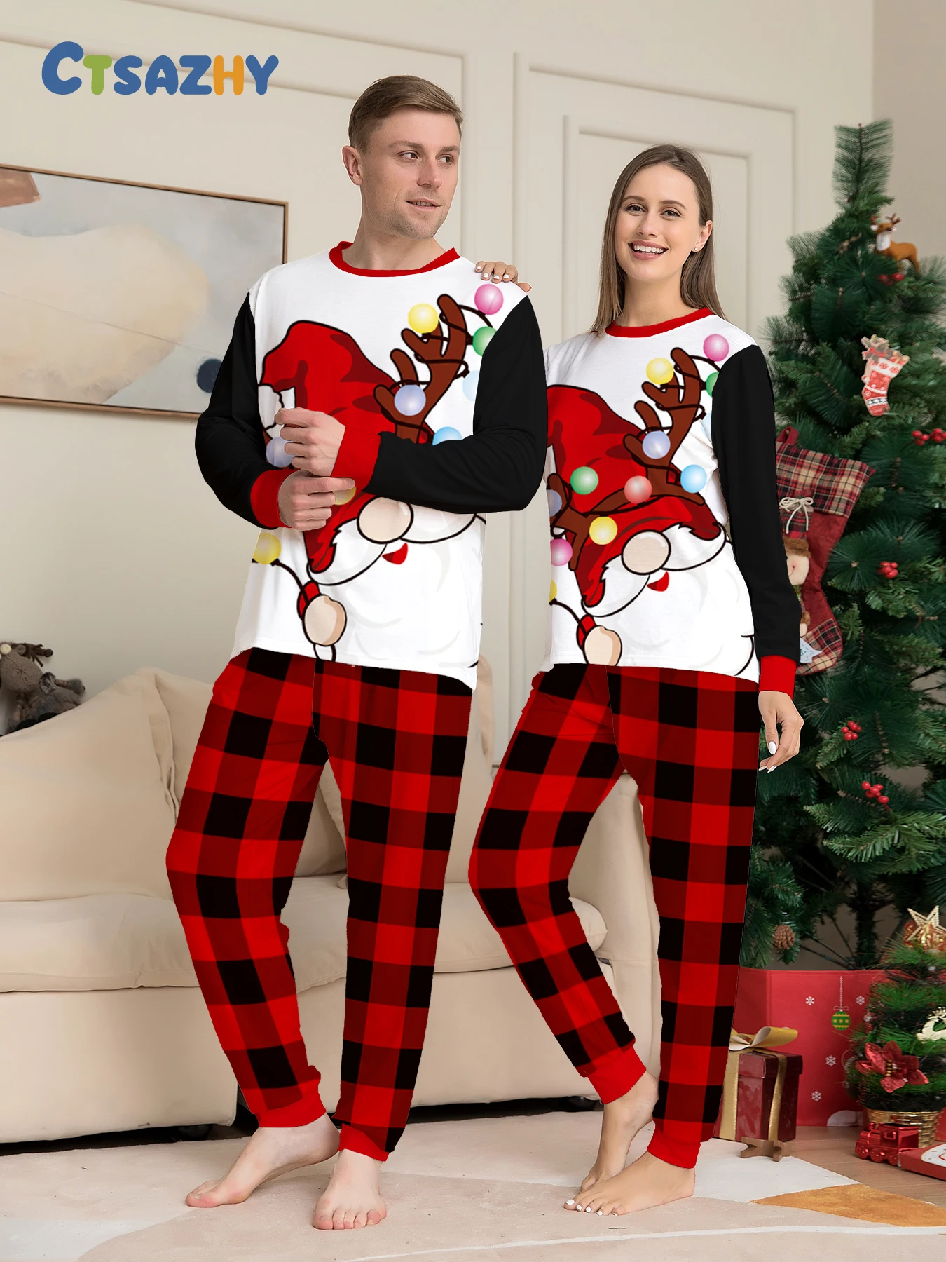 

Одинаковые пижамы для пар с Рождеством и гирляндами в виде гнома, красная, черная клетчатая одежда для сна