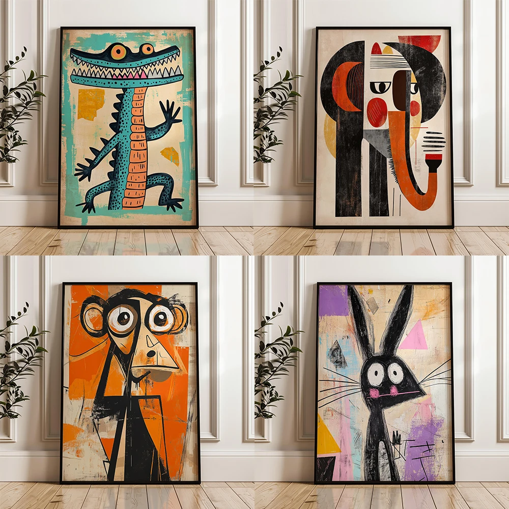 Crocodile Art Print Poster Picasso Style Playful Animal Wall Decor Elephant Abstract Monkey Art Canvas Painting Modern Decor