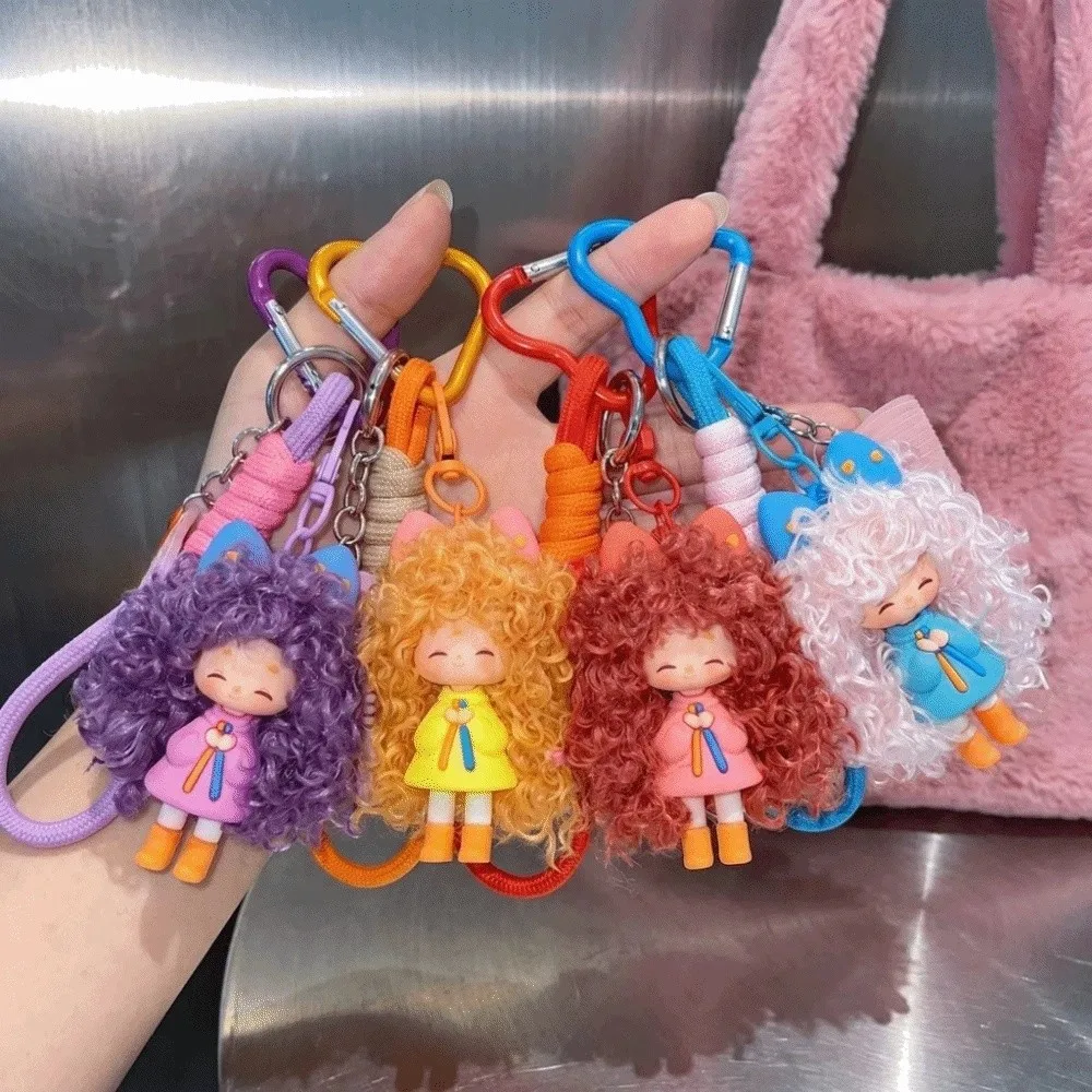 Soft Rubber Curly Hair Keychain Hairbrush Pendant Colorful Halyard Heart Keyring Adorable Design Multicolor Bag Pendant Gift