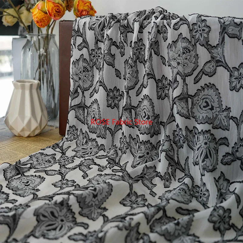 Black Vintage Flowers Jacquard Chiffon Fabric For Spring/Summer Dress, Party Gown, Maxi Dress