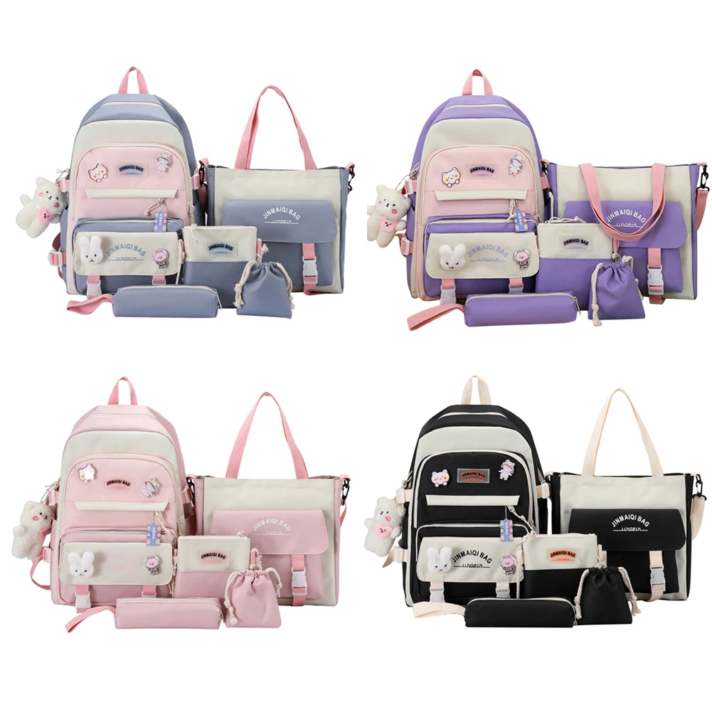 5pcs Shoulder Backpack Kawaii Cute School Book Pack Badge Pins Pendant Student Girl Knapsack Combo Set Travel Work Bagpacks