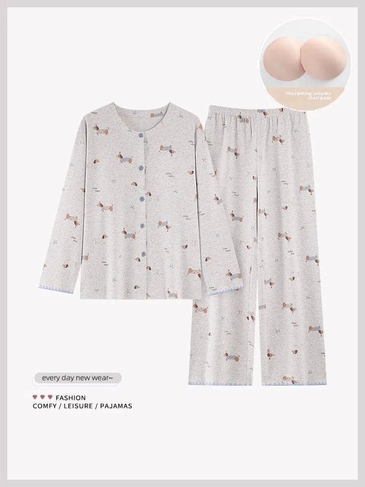 pure-cotton-spring-autumn-women's-long-sleeve-nightgown-with-chest-pad-round-neck-open-cardigan-sweet-cartoon-print-home-wear
