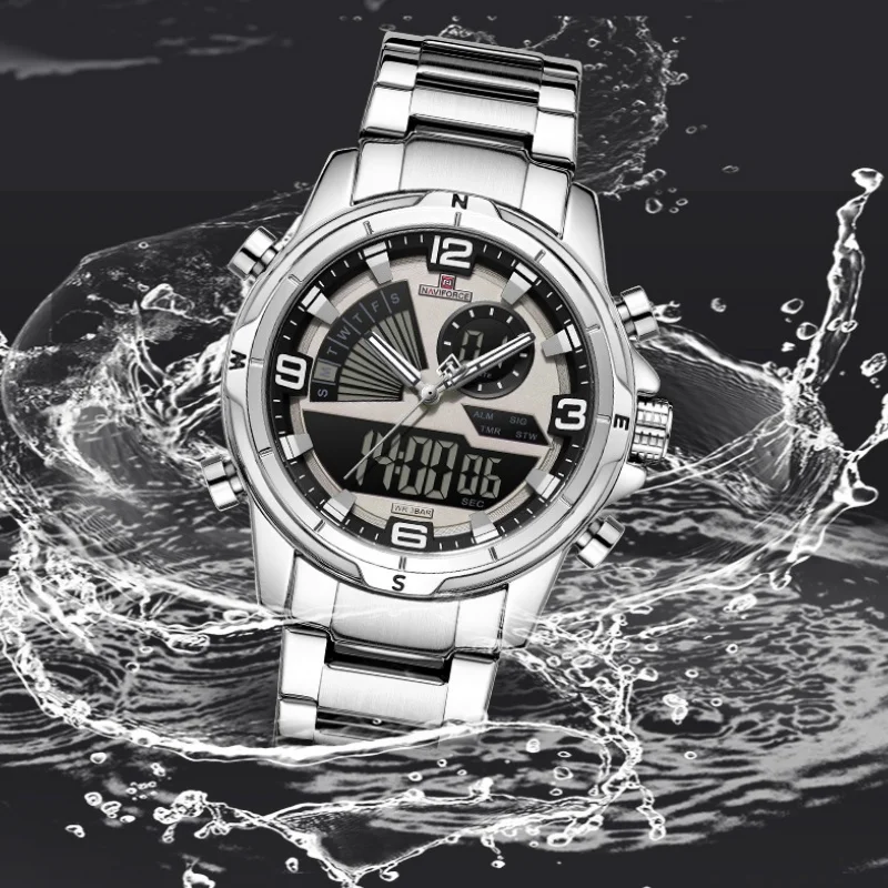 NAVIFORCE Men's Stainless Steel Watchband LED luminous Mode 3ATM waterproof Watch Multifunctional Double-Display Watch Date Gift