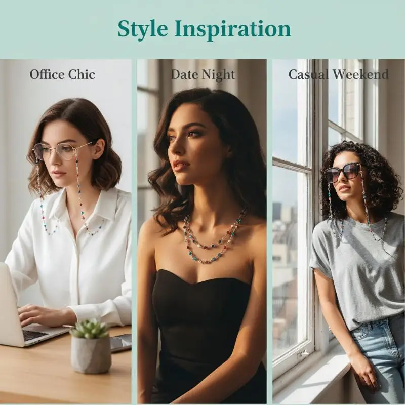 Modische Brillenkette mit Imitations-Strasssteinen für Damen, Gesichts-Accessoires, Sommer-Perlen-Brillenkette, Silikon-Schlaufen, Casual-Schmuck – Detail 1