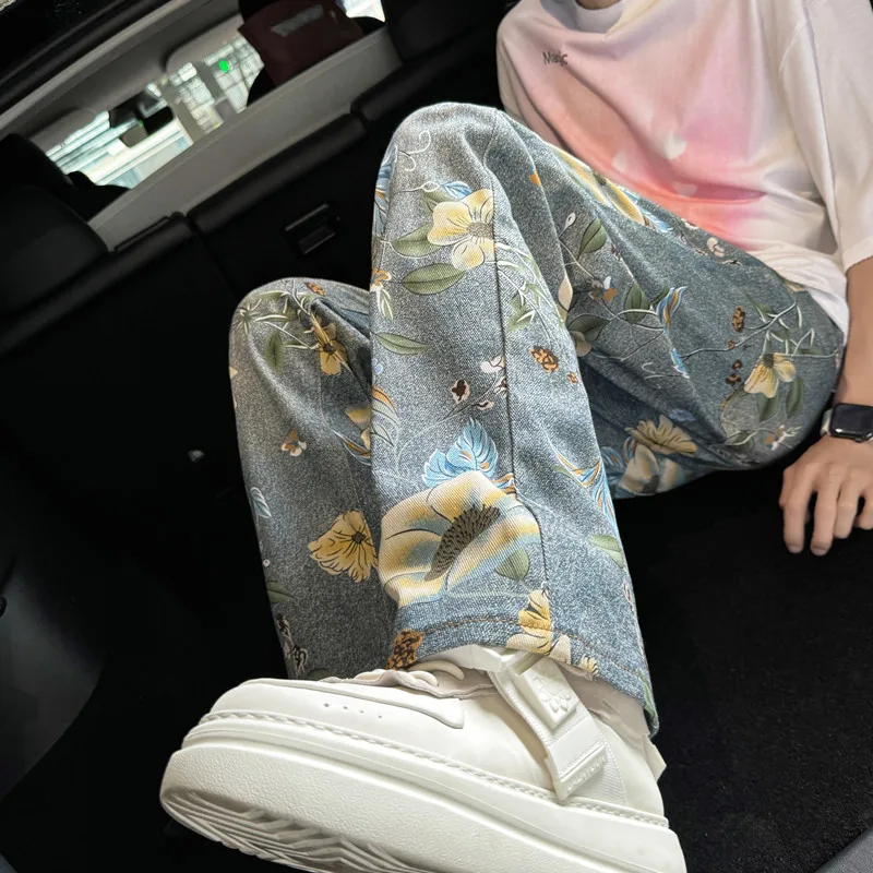 

Floral Print Men's Wide Leg Loose Fit American Retro Vibe Jeans Straight Leg Long Trousers Trendy Design Casual Cotton Denim