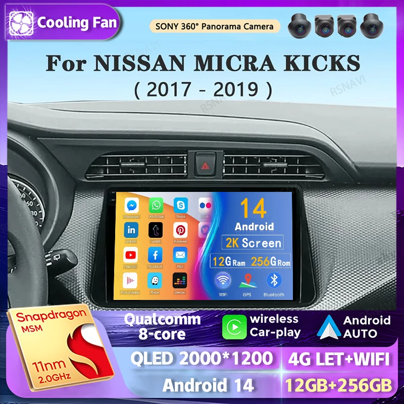 

Android 14 Carplay Автомобильный радиоприемник для NISSAN MICRA KICKS 2017 2018 2019 Навигация GPS Мультимедийный плеер Стерео Wi-Fi + 4G 360 Камера BT