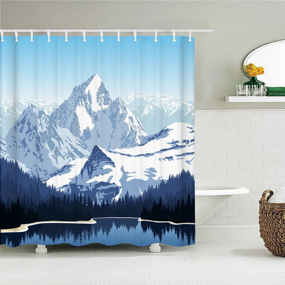 Winter Forest Shower Curtains Snow-covered Pine Alpine Peaks Idyllic Early Morning Scenery Seasonal Christmas Elk Bathroom Decor