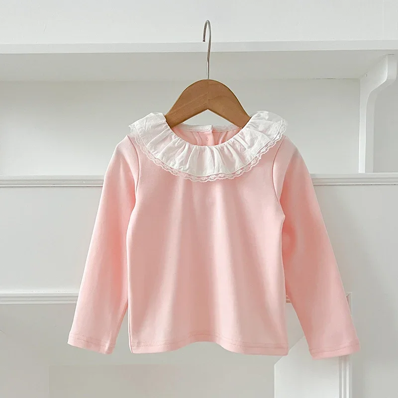 Toddler Cotton Tops 1-6Yrs Baby Clothes Autumn Infant Girls Long Sleeve T-shirts Lace Lotus Collar Princess Kids Bottoming Shirt