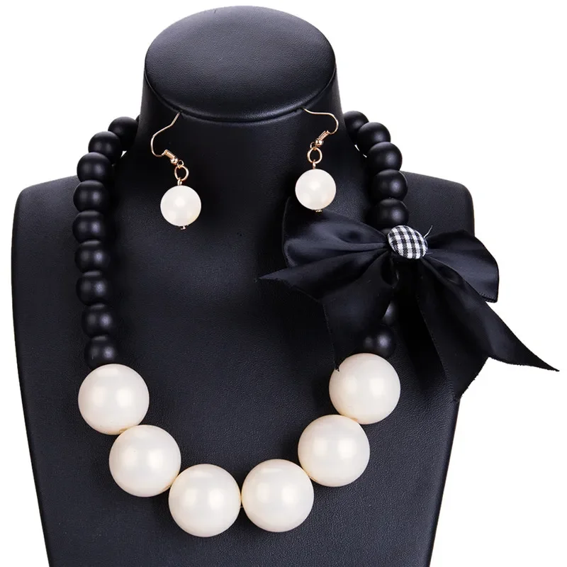 Bohemian Bow Tie Accessories Pearl Beads Necklace & Earring Set for Women Fashion New Bijoux Maxi Jewelry Set