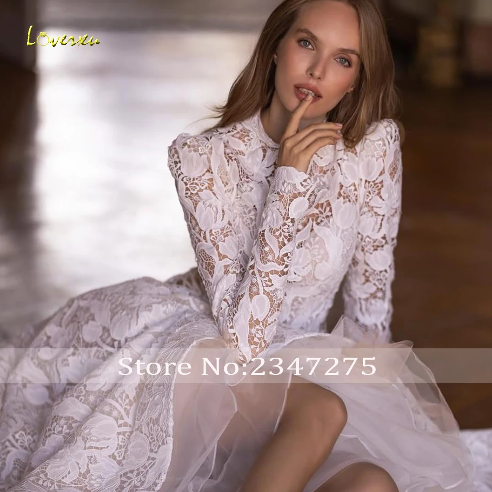 Loverxu A-Line Stunning Wedding Dresses For Women High Neck Vestido De Novia Lace Embroidery Elegant Custom Made Bridal Gowns