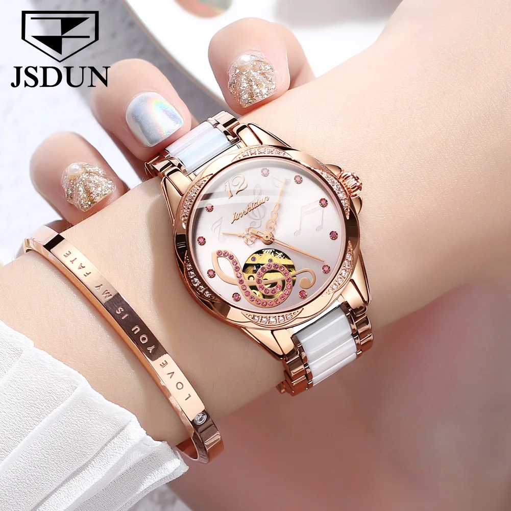 JSDUN Fashion Trend Automatic Mechanical Watch Women Original High Quality Ceramic Lady Wrist Watch Luxury Elegant Women Watches