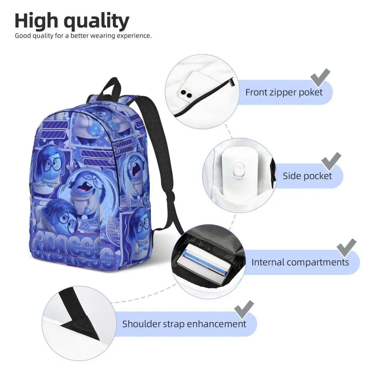 Inside Out Emotions Mood Tristezza Zaino per uomo Donna Cool Student Business Daypack Cartoon Anime College Borsa a tracolla Sport