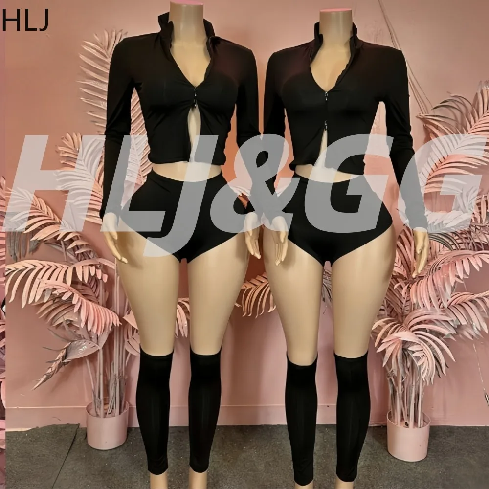 

HLJ Casual 2 Pieces Set for Woman Outfits Stand Collar Long Sleeve Zip Top + Shorts + Leg Warmers Matching Female Streetwear New