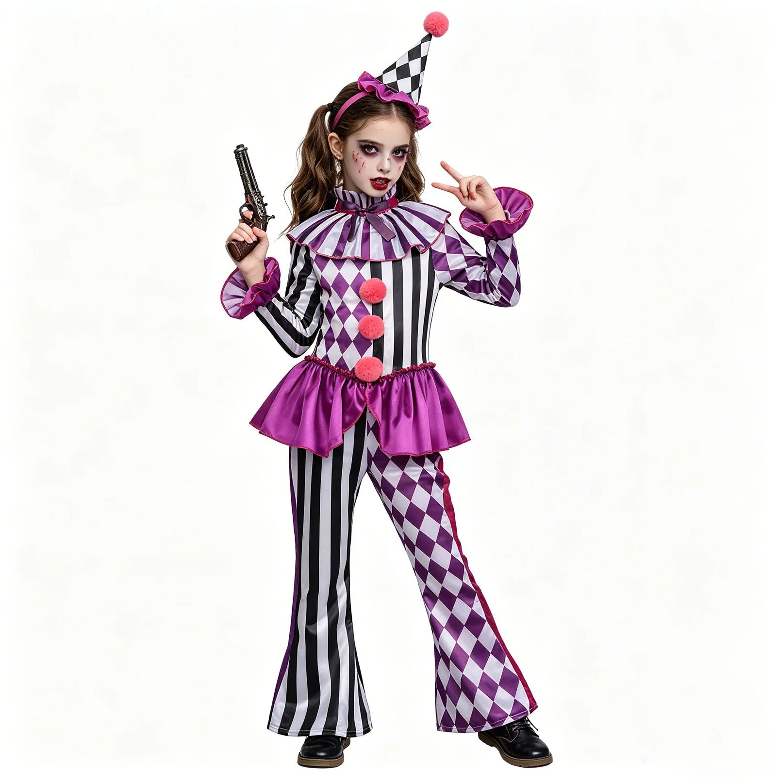 Kids Clown Costume Girls Striped Diamond Jumpsuit Set Halloween Cosplay Circus Carnival Children Fancy Dress Party Outfit