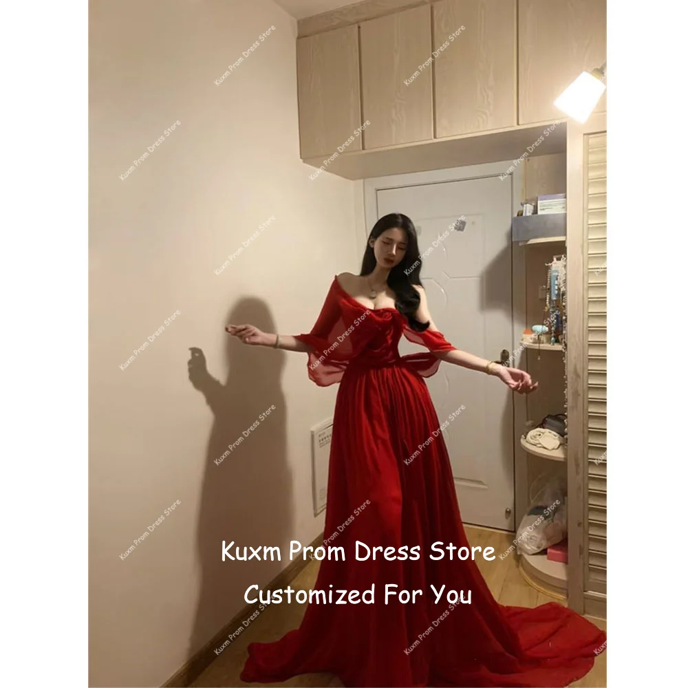 Kuxm Burgundy Chiffon A Line Evening Dresses Women Square Collar Prom Gowns Floor Length Off The Shoulder Dress Customized
