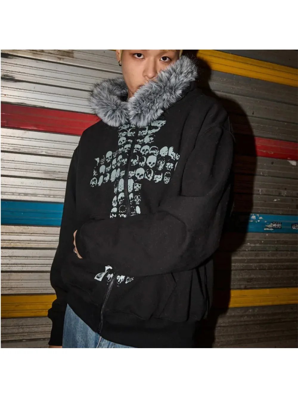

2026 new subculture dark gothic fur collar zipper hoodie skull print hooded fashion trend punk personality street trend Y2K