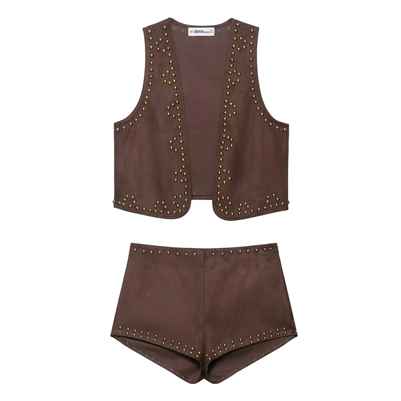 

Women Brown Shorts Set Women Vest And Wide Leg Mini Shorts Set Summer Vacation Beach Lady Suit