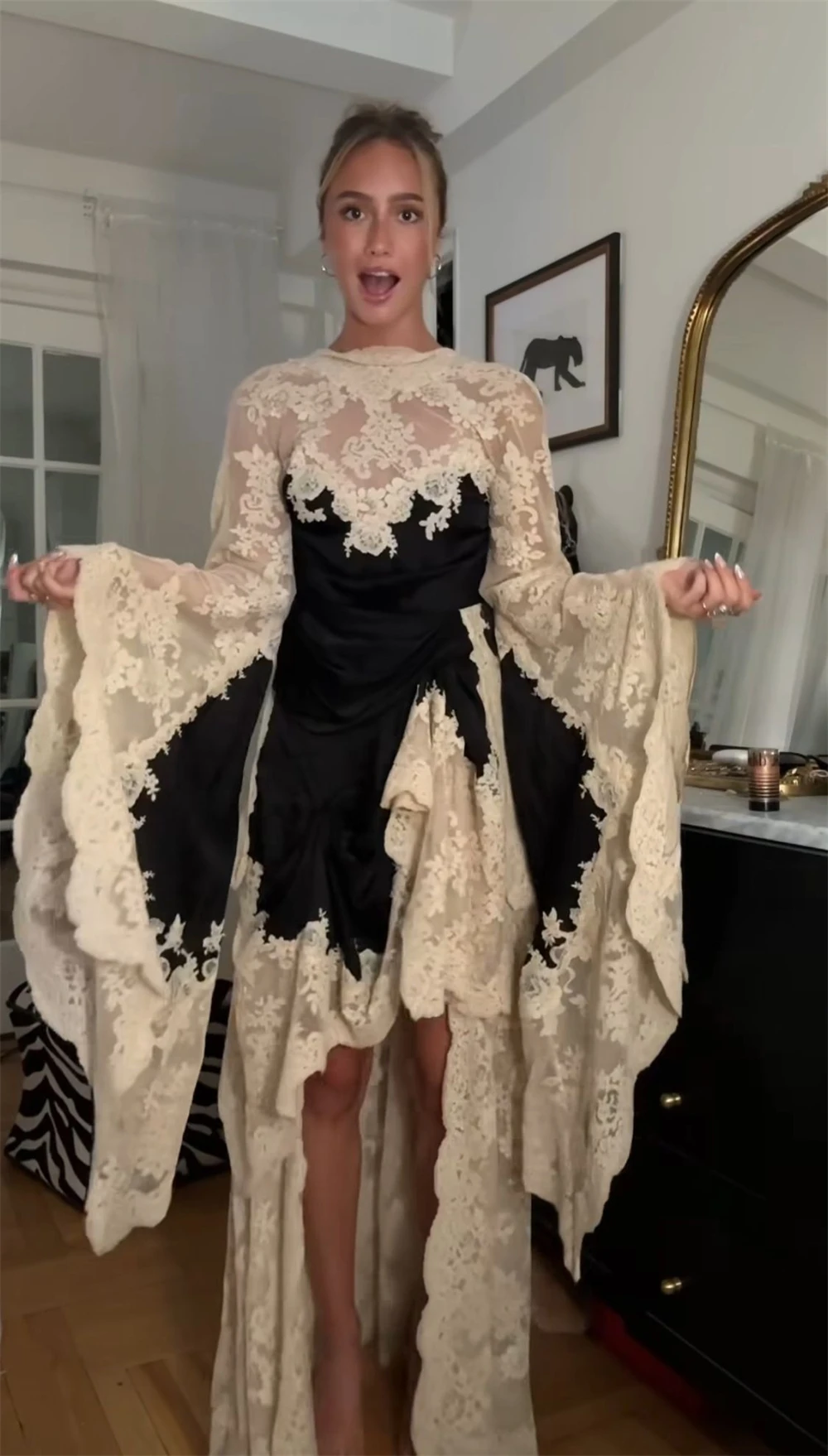 Contessa Custom Vintage Lace Patchwork Prom Dress Flare Long Sleeve Asymmetrical Hem Evening Dress Formal Homecoming Party Gown