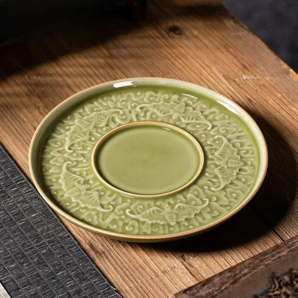 Handmade Longquan Celadon Pot Bearing Holder Five Blessings Dry Foam Table Tea Tray Holder Fruit Plate Kung Fu Tea Accessories
