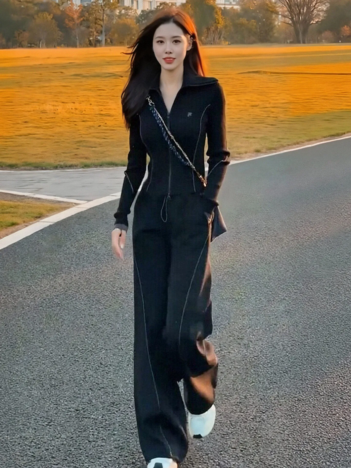 

Spring Fashion plus Size Women's Zipper Waistcoat Wide Leg Pants Casual Sporty Black Set High Waist Long Sleeve Polyester