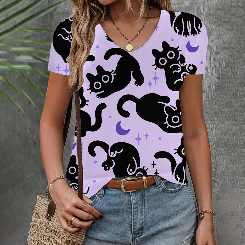 T-shirt Women Clothing Summer Loose Comfortable Short Sleeve Cat Print Top V-neck Casual T-shirt Elegant Clothing Women T-shirt