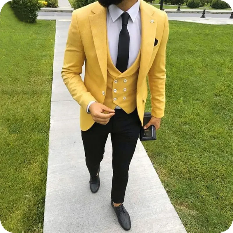 

Fashion Formal Yellow Wedding Groom Men Suits 3 Pieces One Button Slim Fit Party Suit Tuxedo Costume Homme Groomsman Suit