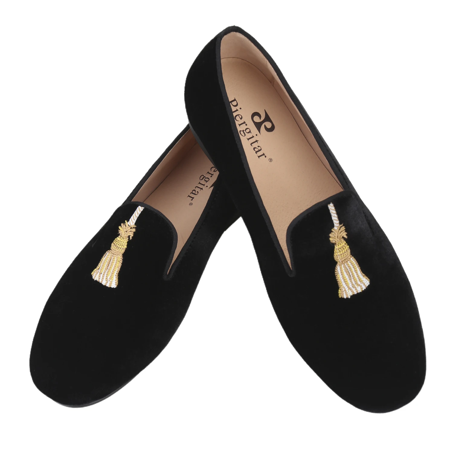 Piergitar Handmade Black Velvet Loafers With Customized Tassels Embroidery For Fashion Party Wear Slip-On Men's Smoking Slippers