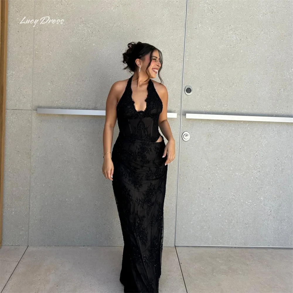 Lucy Lace Halter Black Mermaid Formal Evening Gown Scalloped Neckline Deep Illusion Bodice Side Waist Robes De Soirée Customized