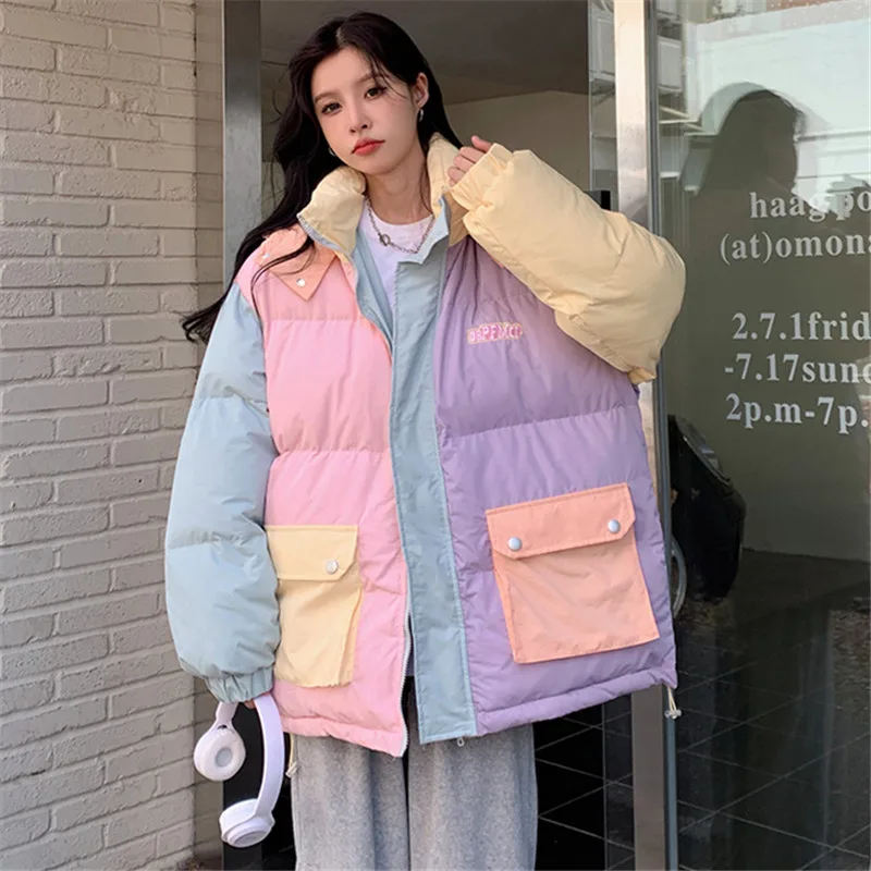 2022 Winter Jacket Women Big Pocket Spliced Fashion Casual Patchwork Down Jackets Female Hooded Parkas Thick Warm Cotton Coat