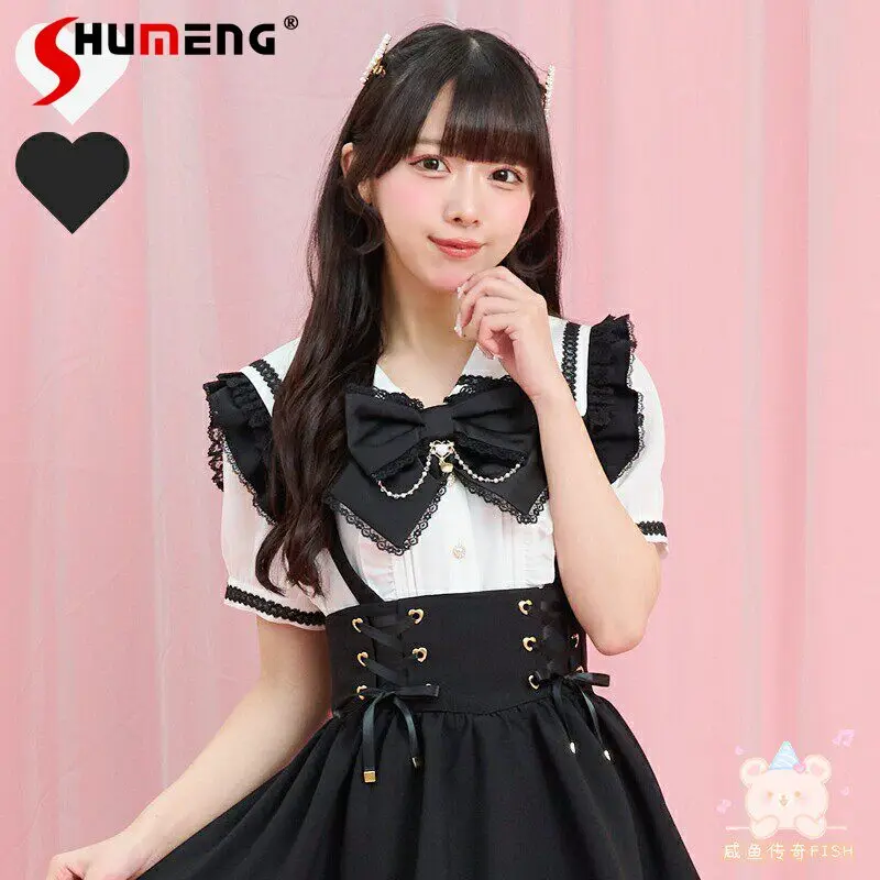 

Japanese Mines Style Mass-produced Navy Collar Short Sleeve Lace-up Bow Single-breasted Sweet Versatile Lolita Shirts Tops Women