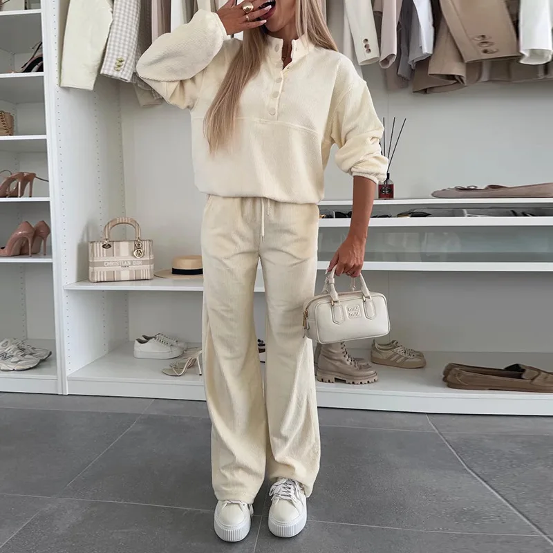 

Повседневный утолщенный комплект с капюшоном и длинными рукавами, женский топ на пуговицах, брюки, комплект из двух предметов для женщин, модная осенне-зимняя уличная одежда, наряд