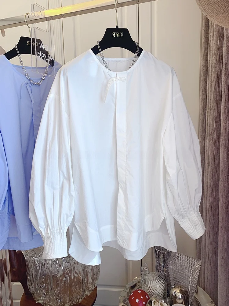 

Loose Casual Cotton irt Women's Spring Autumn Long Sve Pleated Sve Button up Pure Color round Ne Korean Sle Top