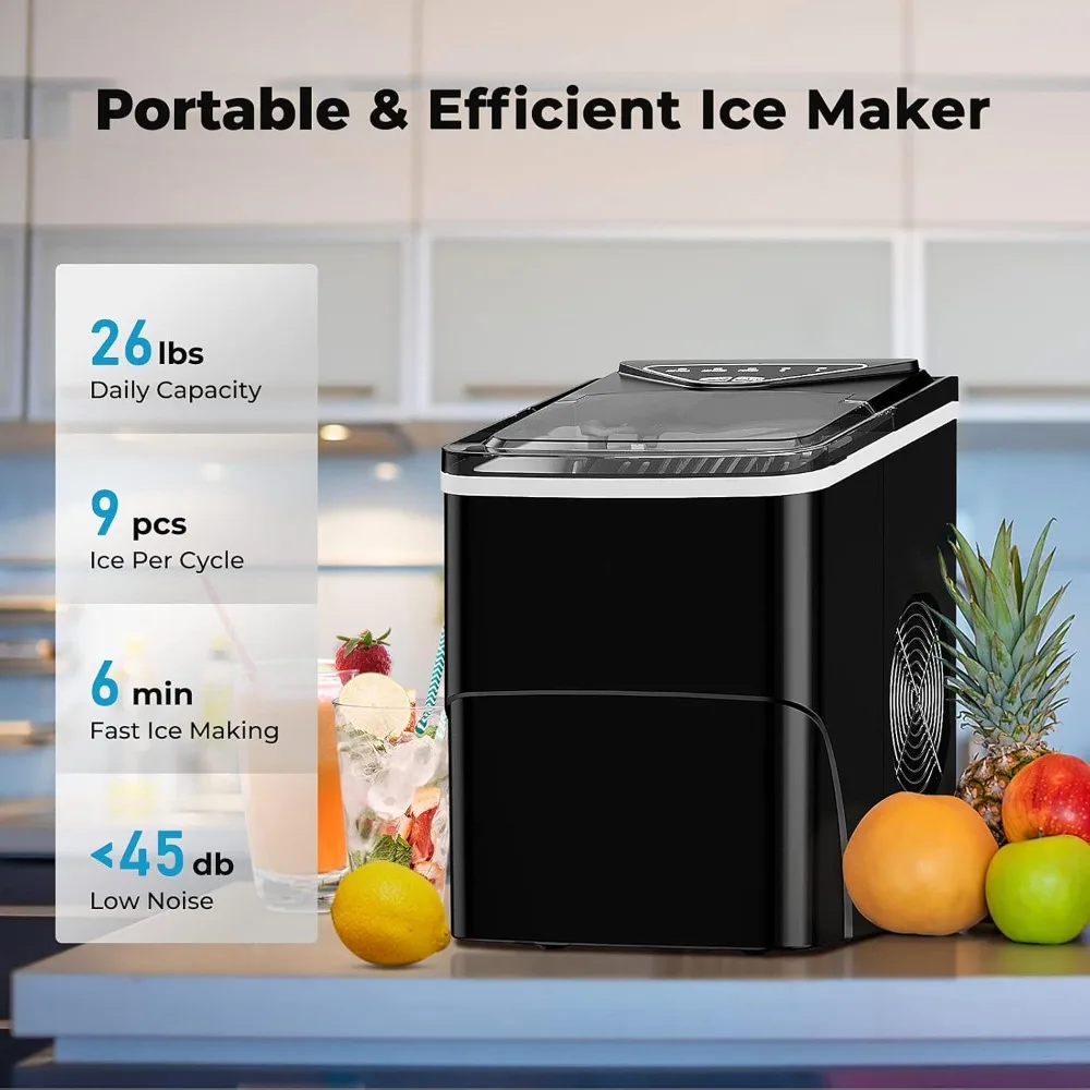 Ice Maker portátil com auto-limpeza, máquina de gelo com gelo sacos e cesta da colher, 9 cubos em 6 minutos, 26lbs 24h