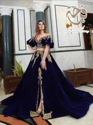 Navy Blue Khawa Algerian Prom Formal Dress Two Pieces Tunisian Costume Lace Applique Velvet Slit Evening Occasion Gown Women