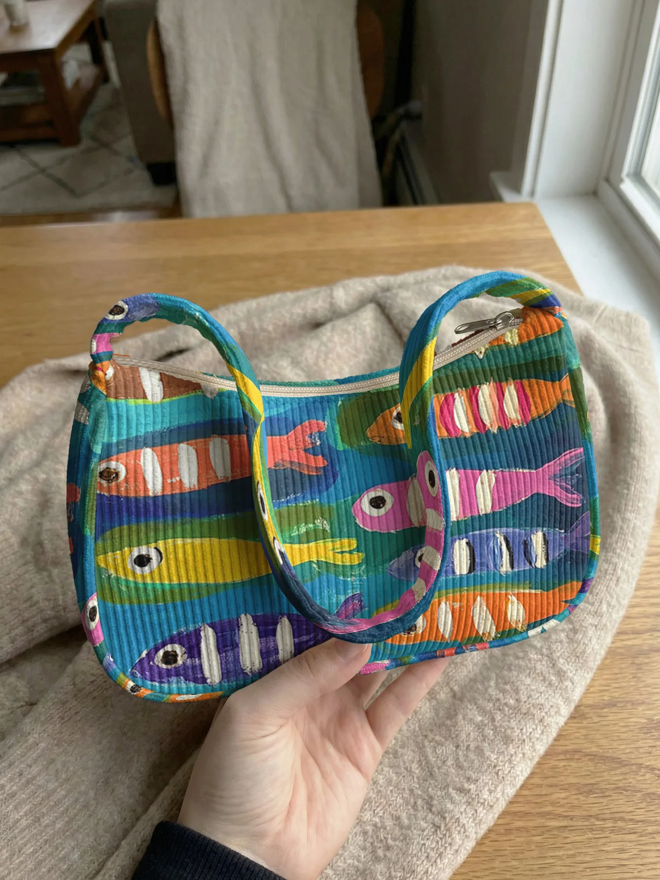 Trendy Colorful Fish Print Shoulder Bag, Corduroy Underarm Bag for Daily Casual Use