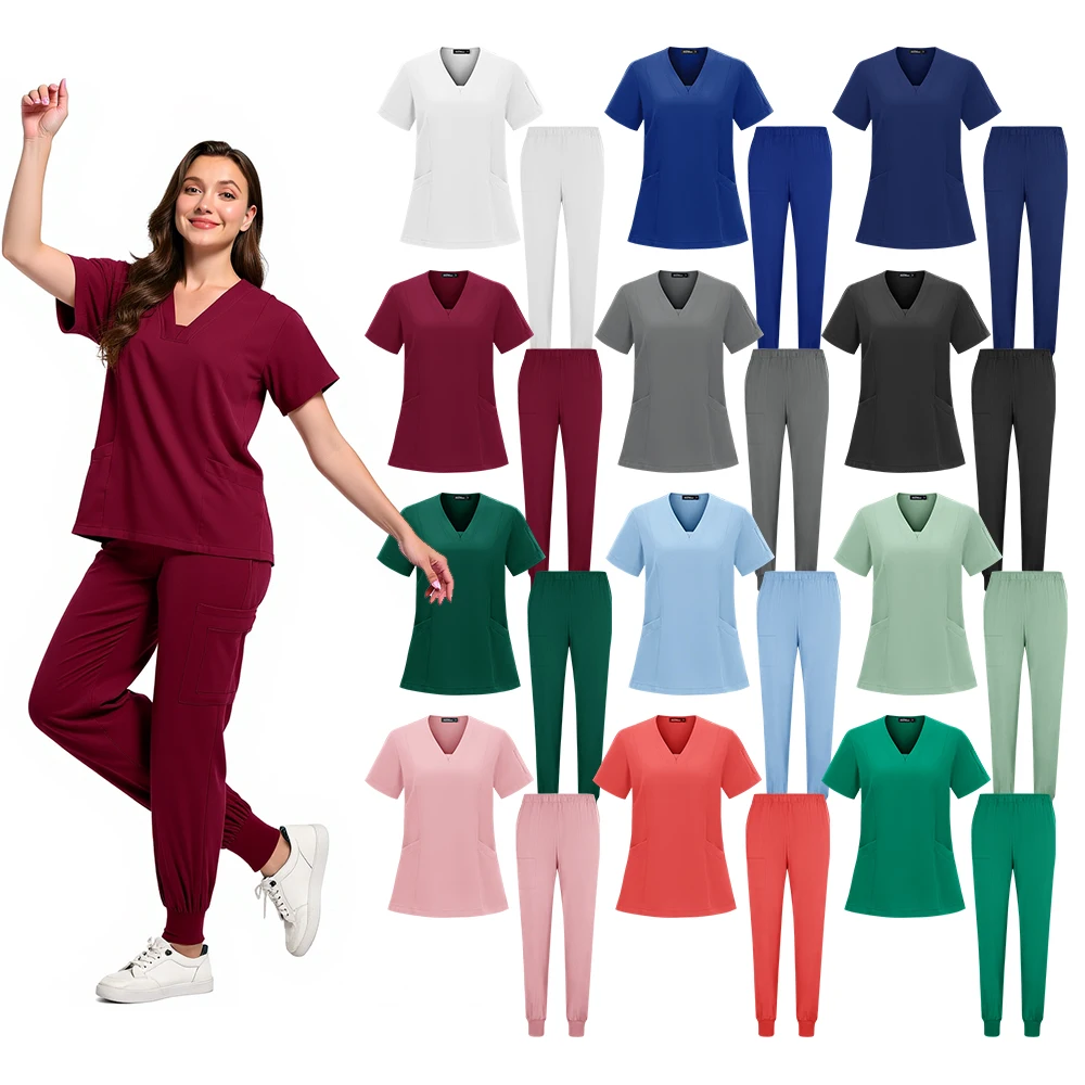 看護師の制服-夏用-プレミアム通気性生地-臨床医療スクラブセット-手術用ブラウス-グルーミング医師の制服-歯科医師の制服