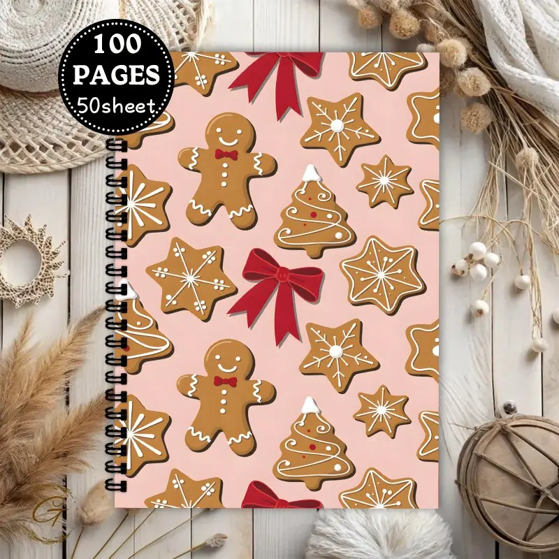 Blank spiral notebook,100 page blank sketchbook suitable for painting and writing-Christmas Gingerbread Cookies Pattern Notebook